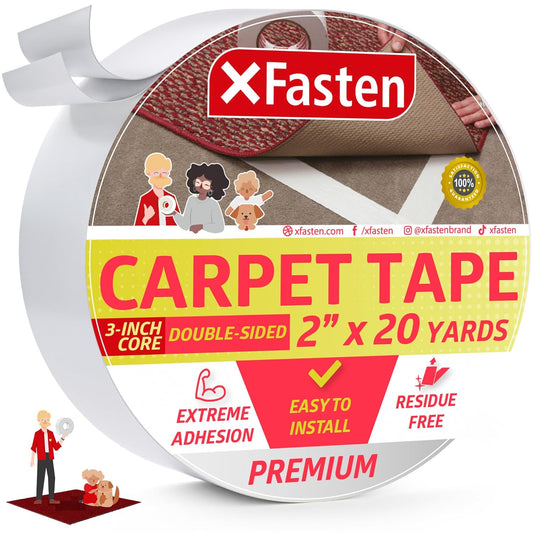Carpet Tape Double Sided - Heavy Duty 2” X 20 Yds Gentle on Surface Double Sided Carpet Tape for Area Rugs over Carpet for Hardwood Floors, Corner Rug Tape for Carpet to Carpet