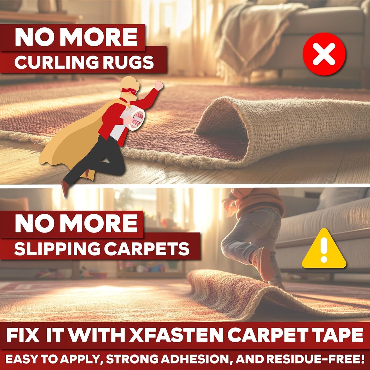 Carpet Tape Double Sided - Heavy Duty 2” X 20 Yds Gentle on Surface Double Sided Carpet Tape for Area Rugs over Carpet for Hardwood Floors, Corner Rug Tape for Carpet to Carpet