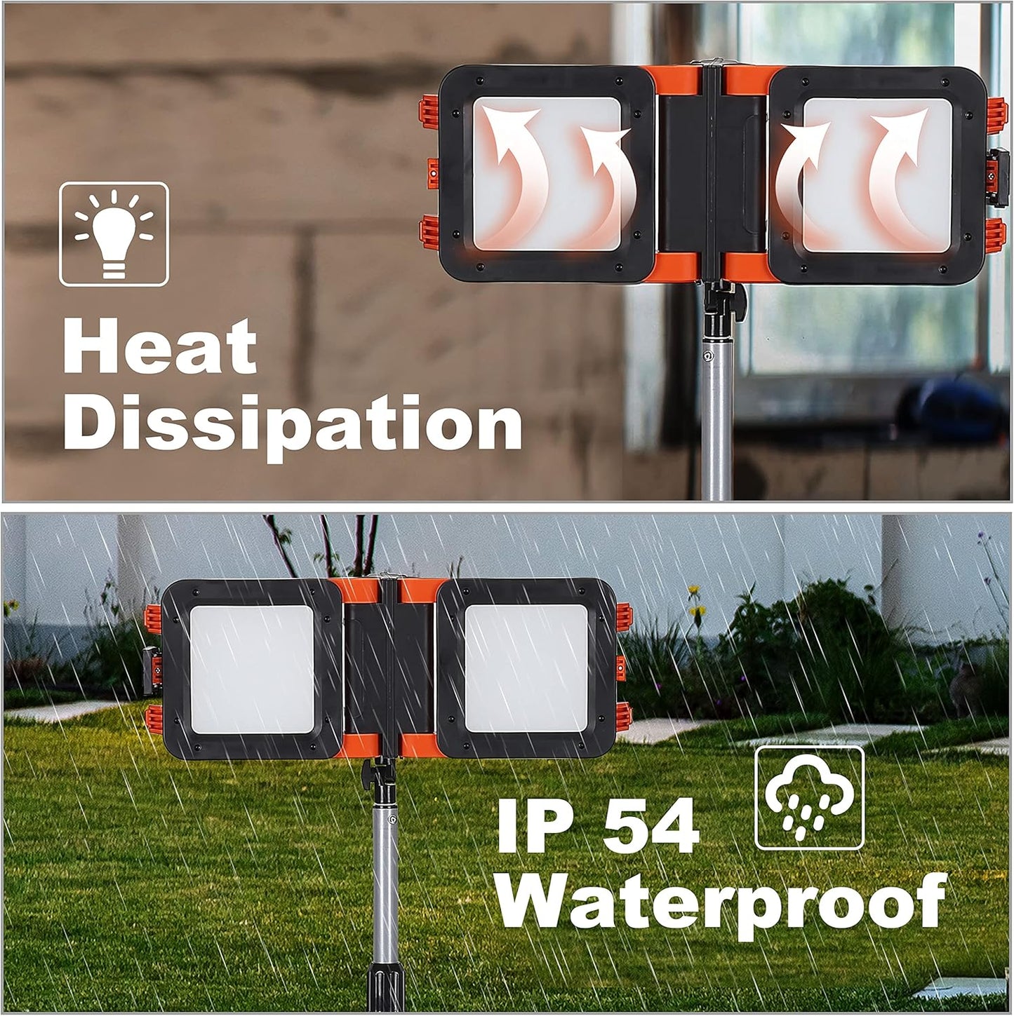 Dual-Head LED Work Light Rechargeable Job Site Lighting,Cordless 2000Lm Flood Light with Tripod Telescoping,Dimmable,Detachable,Waterproof,For Outdoor Camping,Construction,Car Repairing,Orange