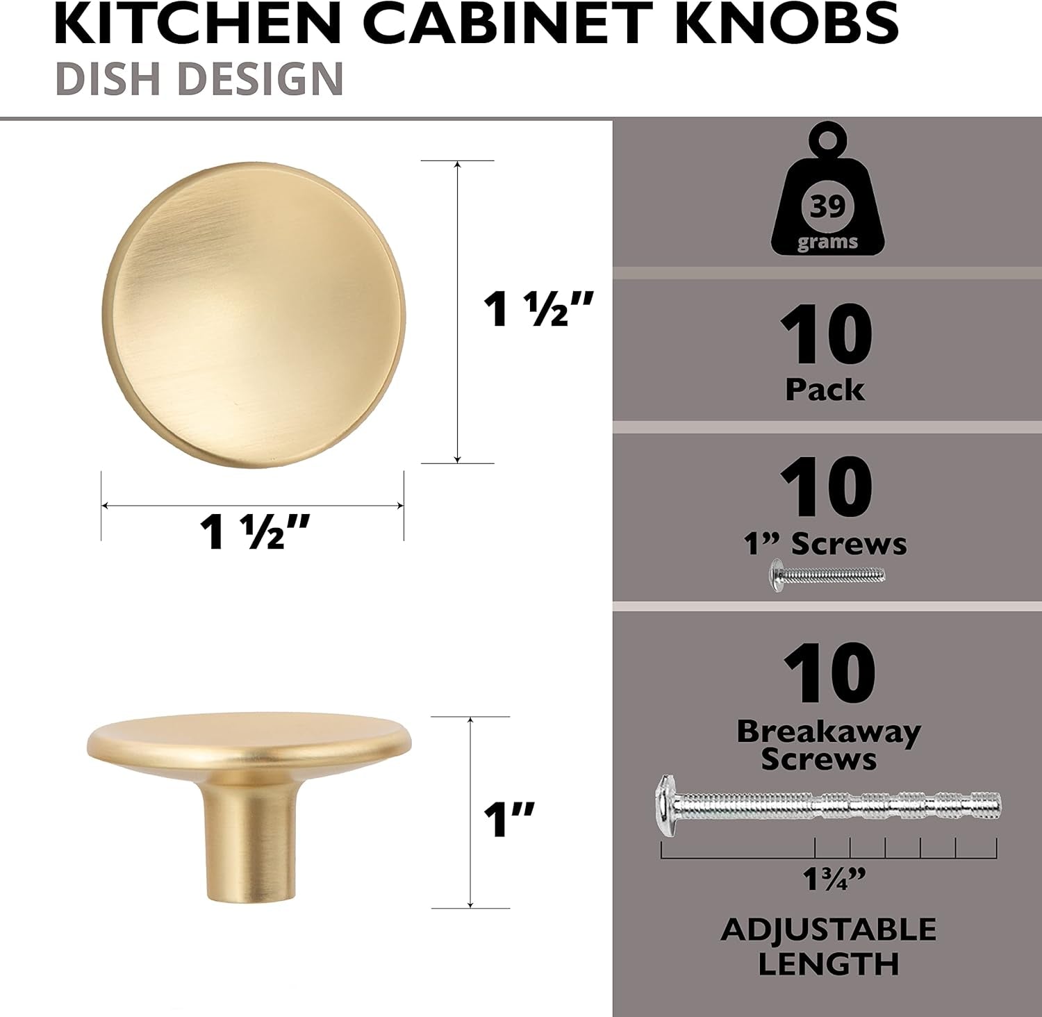 Modern round Concave Cabinet Knob, Gold 10 Pack 1 Inch Kitchen Cabinet Knob Drawer Pull Handle Hardware